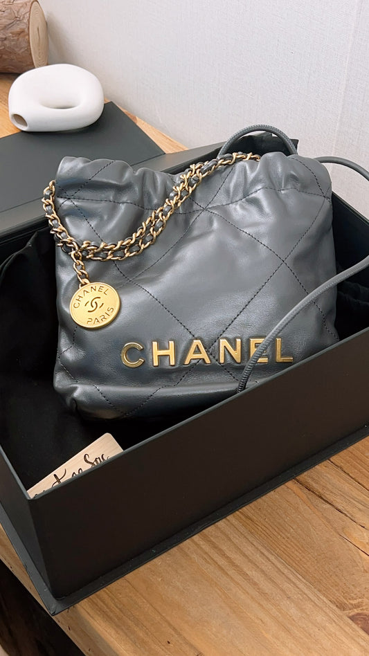 Chanel Dark Grey Calfskin Mini 22 (GHW)