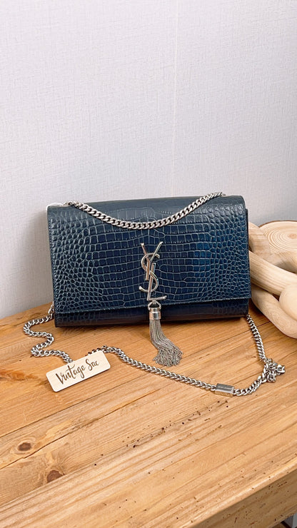 YSL Navy Medium Croc Embossed Kate w Tassel (SHW)