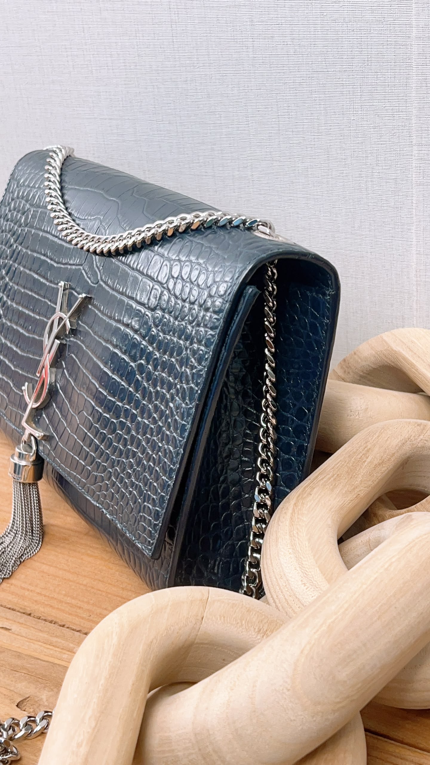 YSL Navy Medium Croc Embossed Kate w Tassel (SHW)