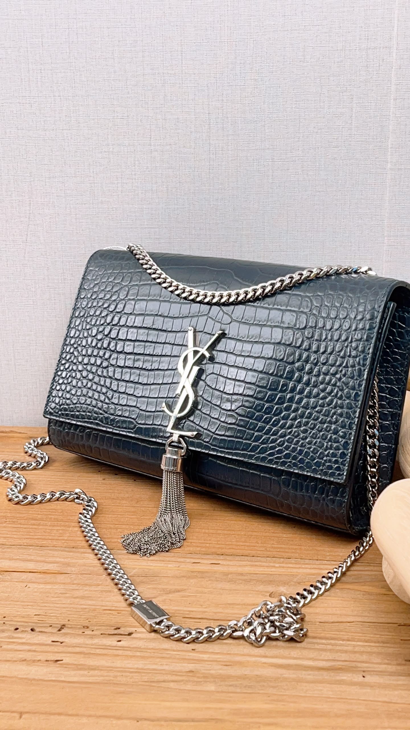 YSL Navy Medium Croc Embossed Kate w Tassel (SHW)