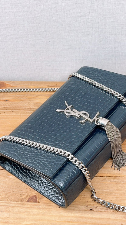 YSL Navy Medium Croc Embossed Kate w Tassel (SHW)