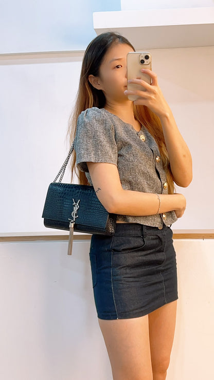YSL Navy Medium Croc Embossed Kate w Tassel (SHW)
