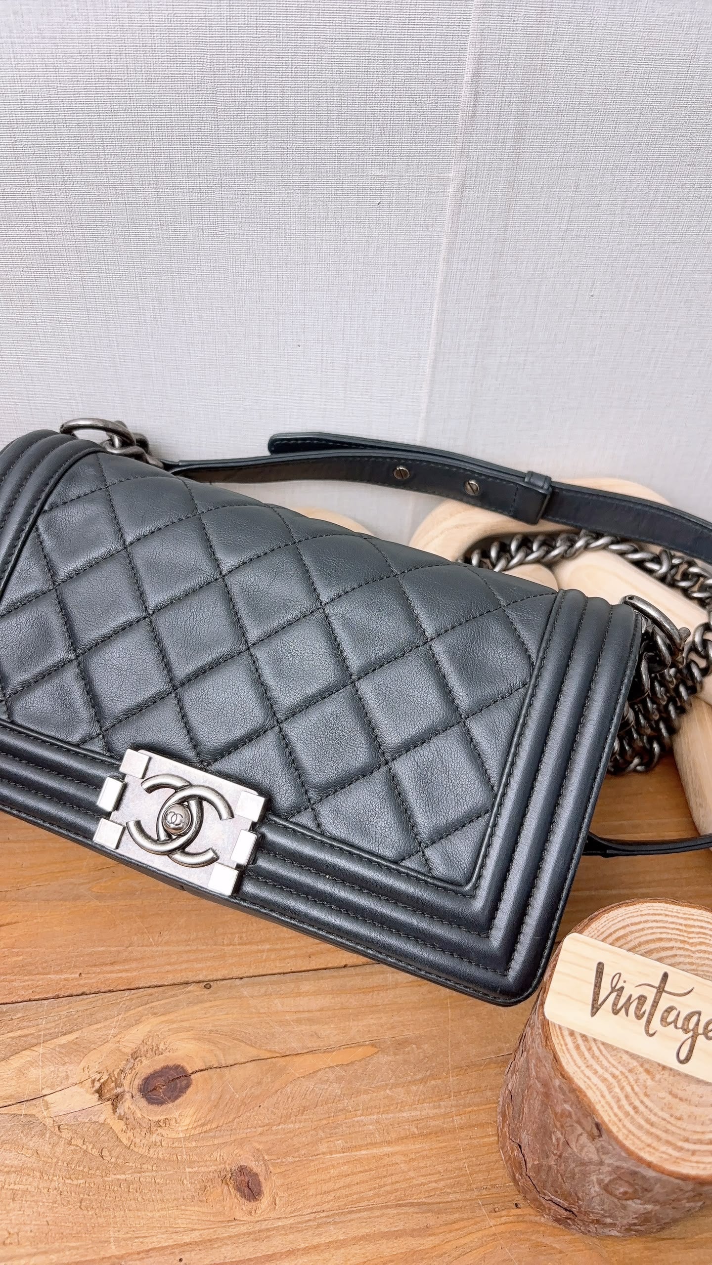 Chanel Black Calfskin Old Medium Boy (RHW)