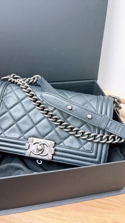 Chanel Black Calfskin Old Medium Boy (RHW)
