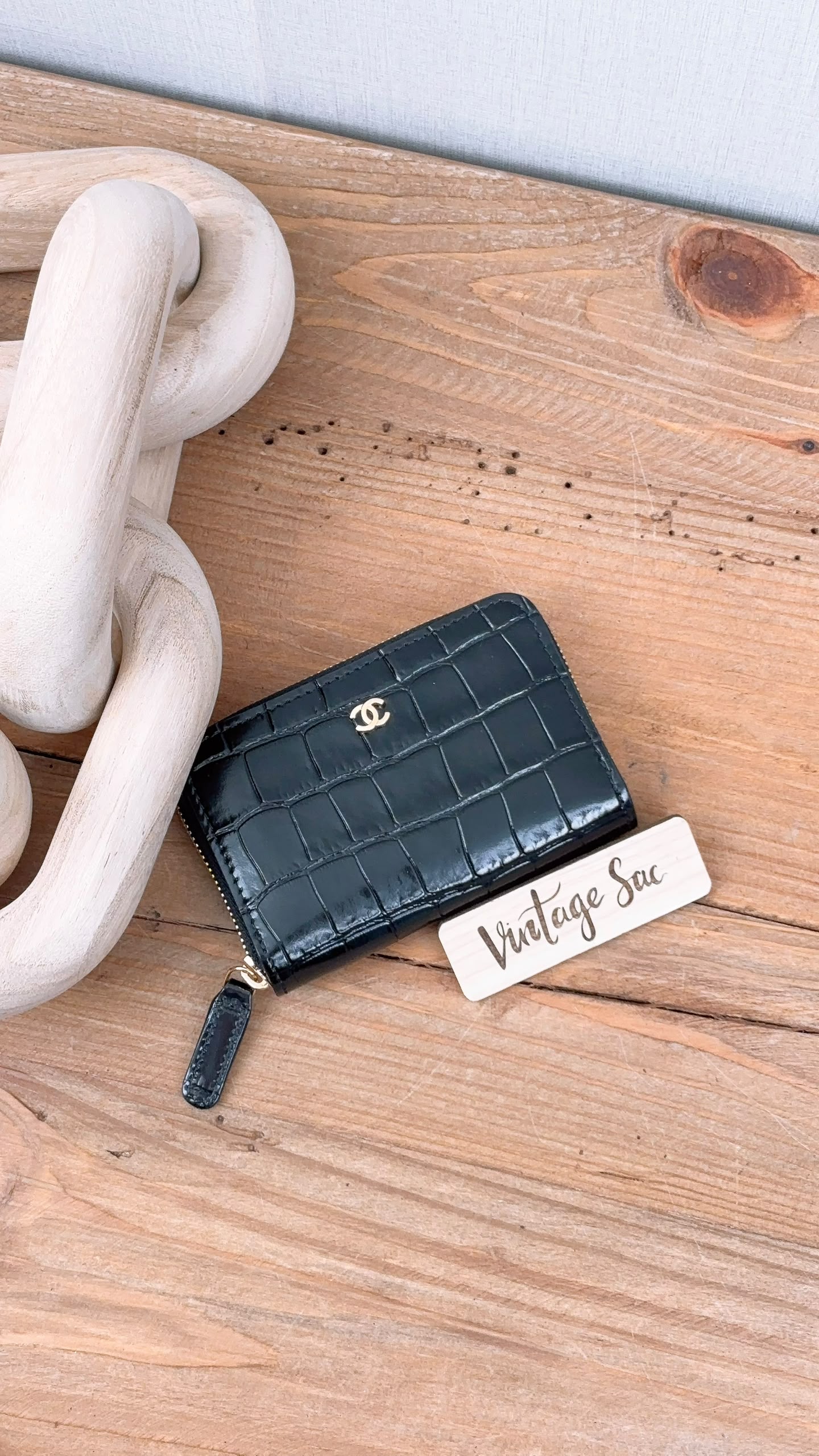 Chanel Black Croc Embossed Zippy Card Holder (GHW)