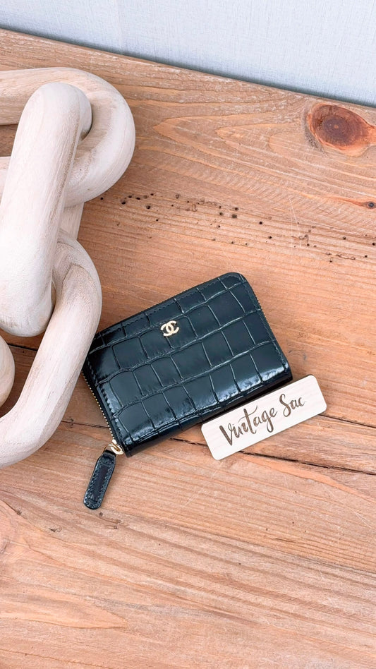 Chanel Black Croc Embossed Zippy Card Holder (GHW)