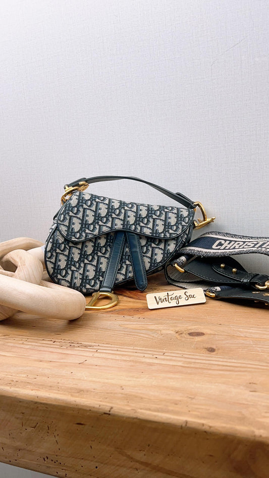 Dior Navy Oblique Mini Saddle with Strap (GHW)