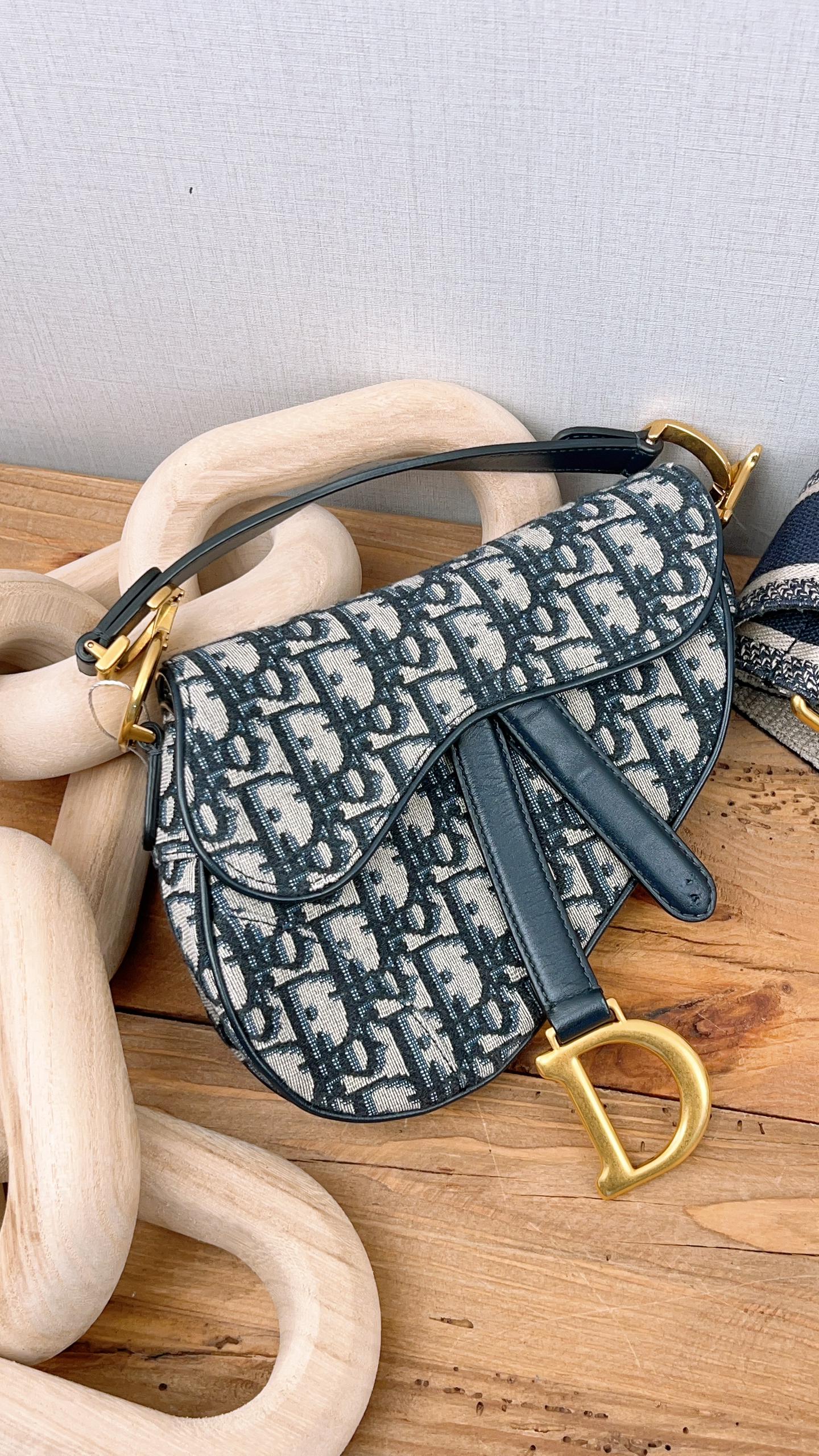 Dior Navy Oblique Mini Saddle with Strap (GHW)