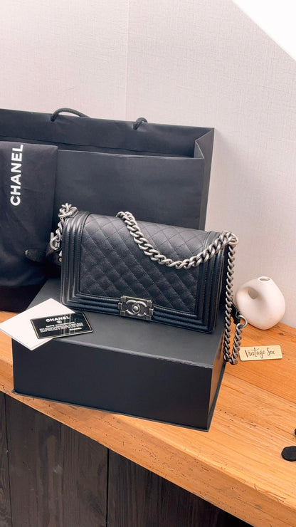 Chanel Black Caviar Old Medium Boy (RHW)