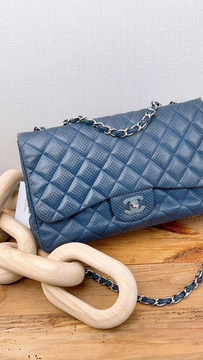 Chanel Black Jumbo Lambskin Perforated Flap (SHW)