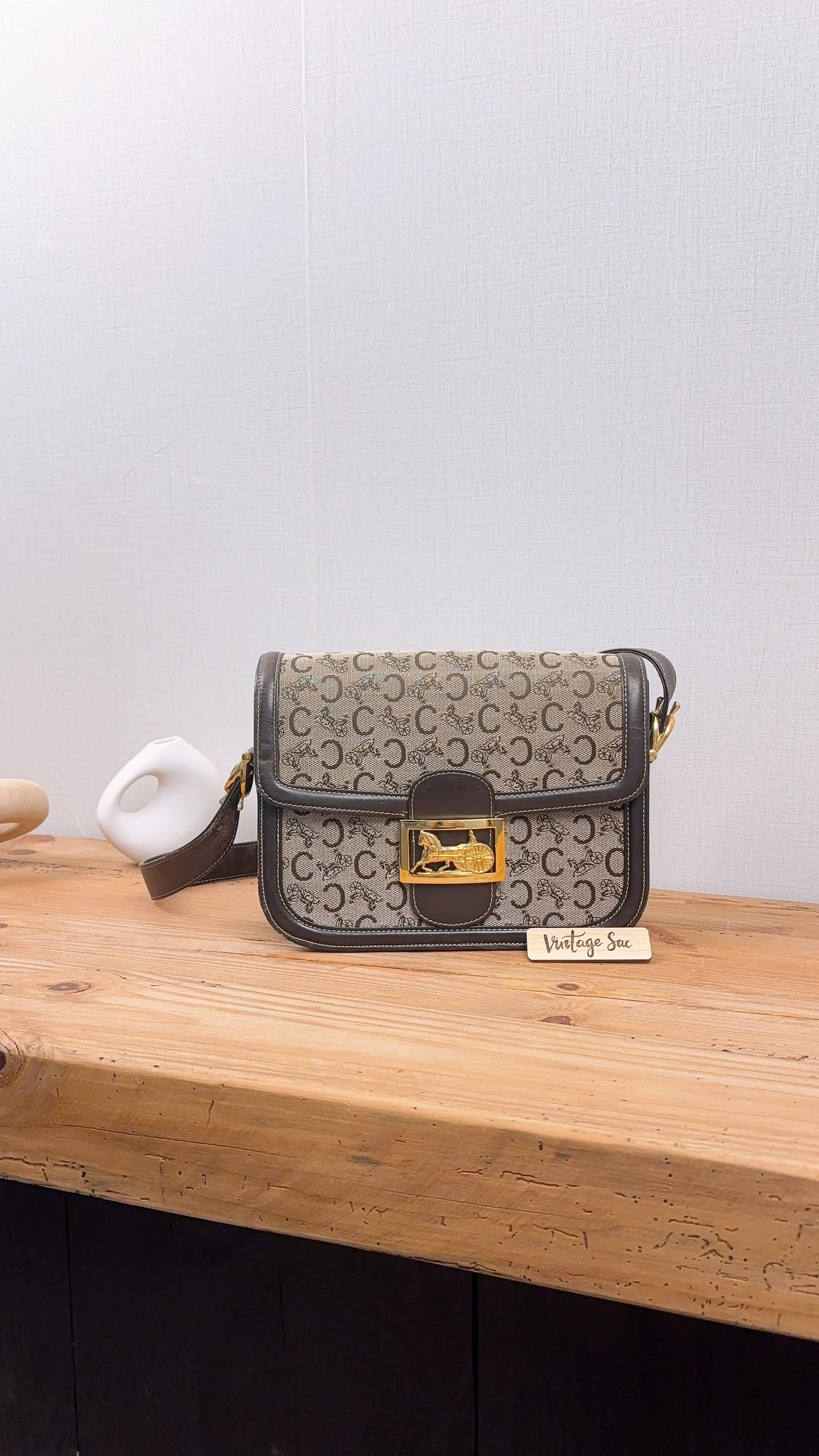 Celine Brown Macadam Canvas Vintage Horse Carriage Bag (GHW)