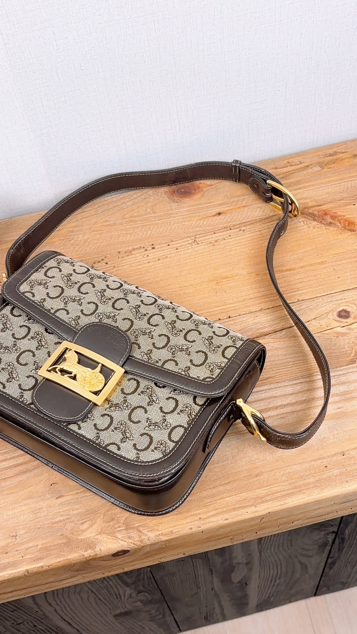 Celine Brown Macadam Canvas Vintage Horse Carriage Bag (GHW)