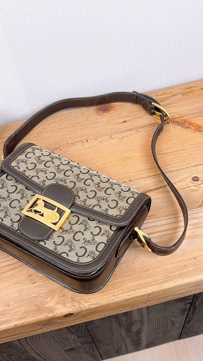 Celine Brown Macadam Canvas Vintage Horse Carriage Bag (GHW)