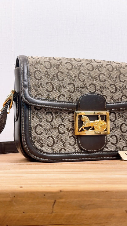 Celine Brown Macadam Canvas Vintage Horse Carriage Bag (GHW)
