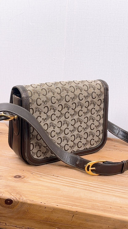 Celine Brown Macadam Canvas Vintage Horse Carriage Bag (GHW)