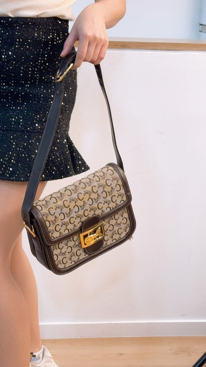 Celine Brown Macadam Canvas Vintage Horse Carriage Bag (GHW)