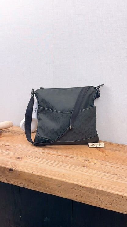 Gucci Black GG Monogram Nylon Flat Messenger Bag