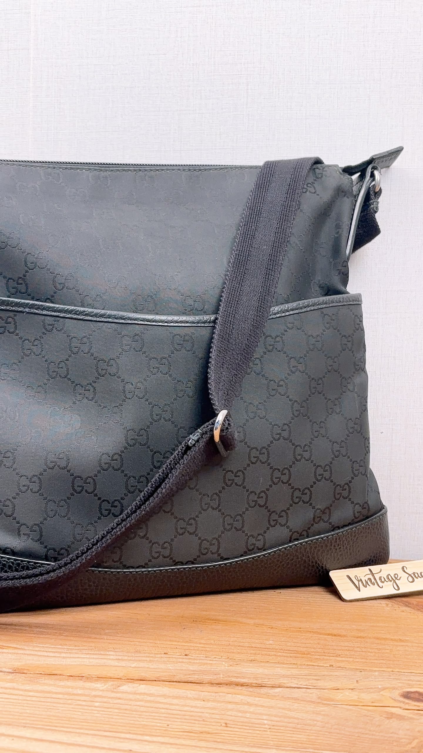 Gucci Black GG Monogram Nylon Flat Messenger Bag