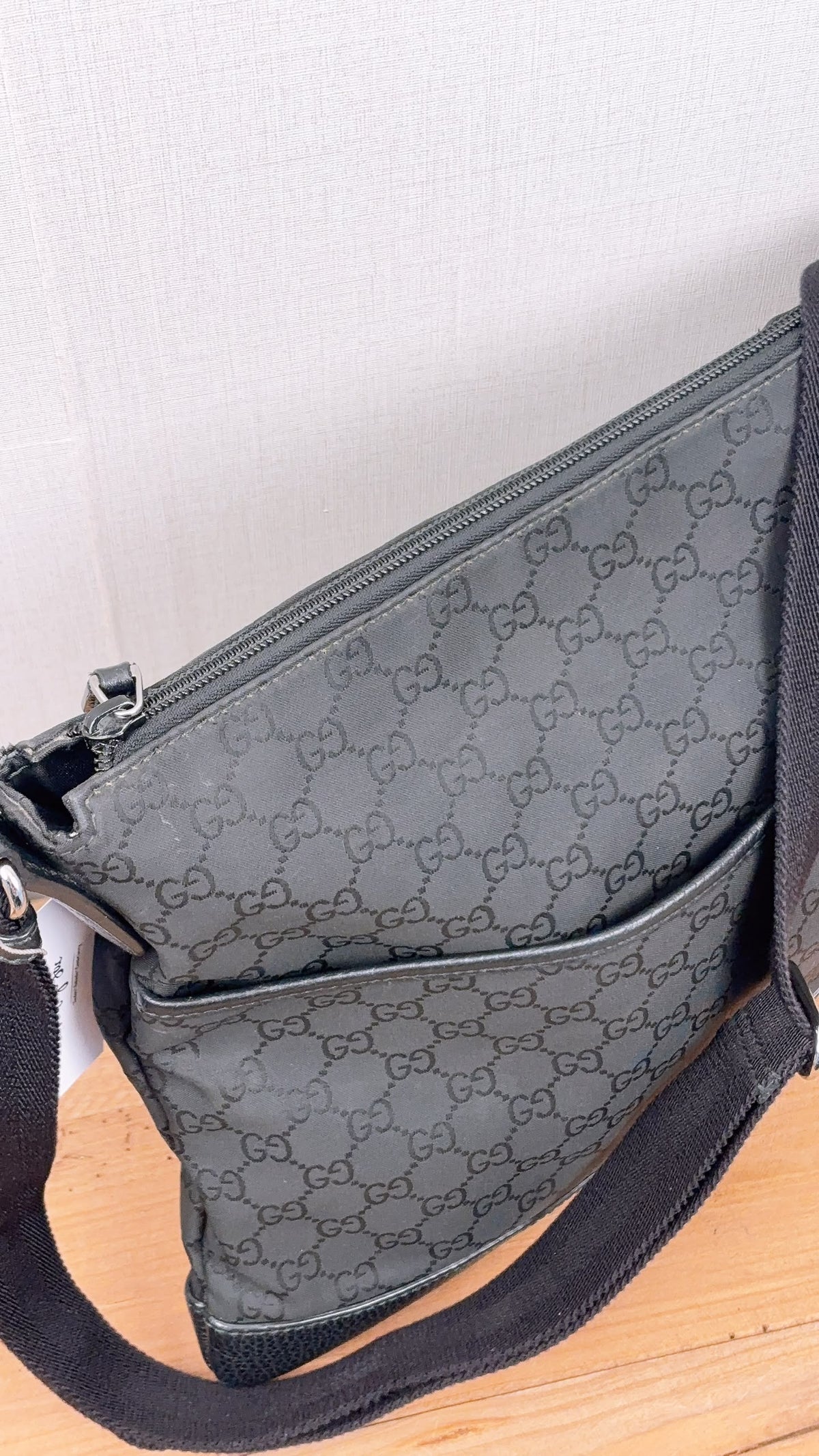 Gucci Black GG Monogram Nylon Flat Messenger Bag