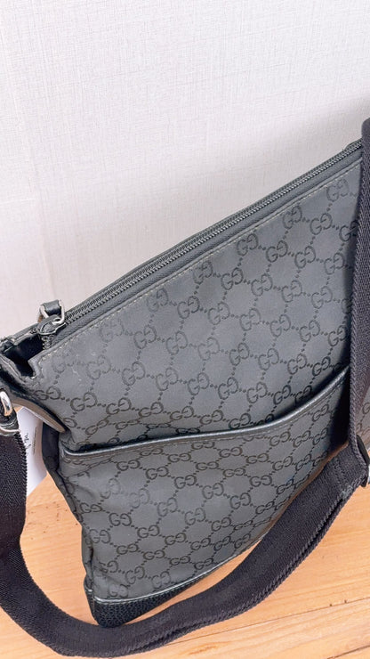 Gucci Black GG Monogram Nylon Flat Messenger Bag