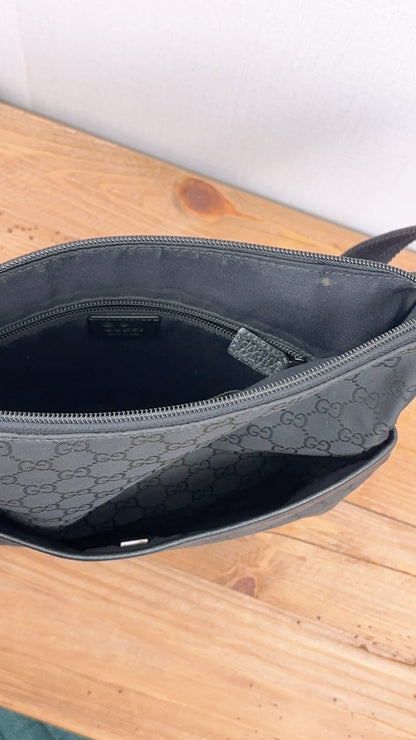 Gucci Black GG Monogram Nylon Flat Messenger Bag