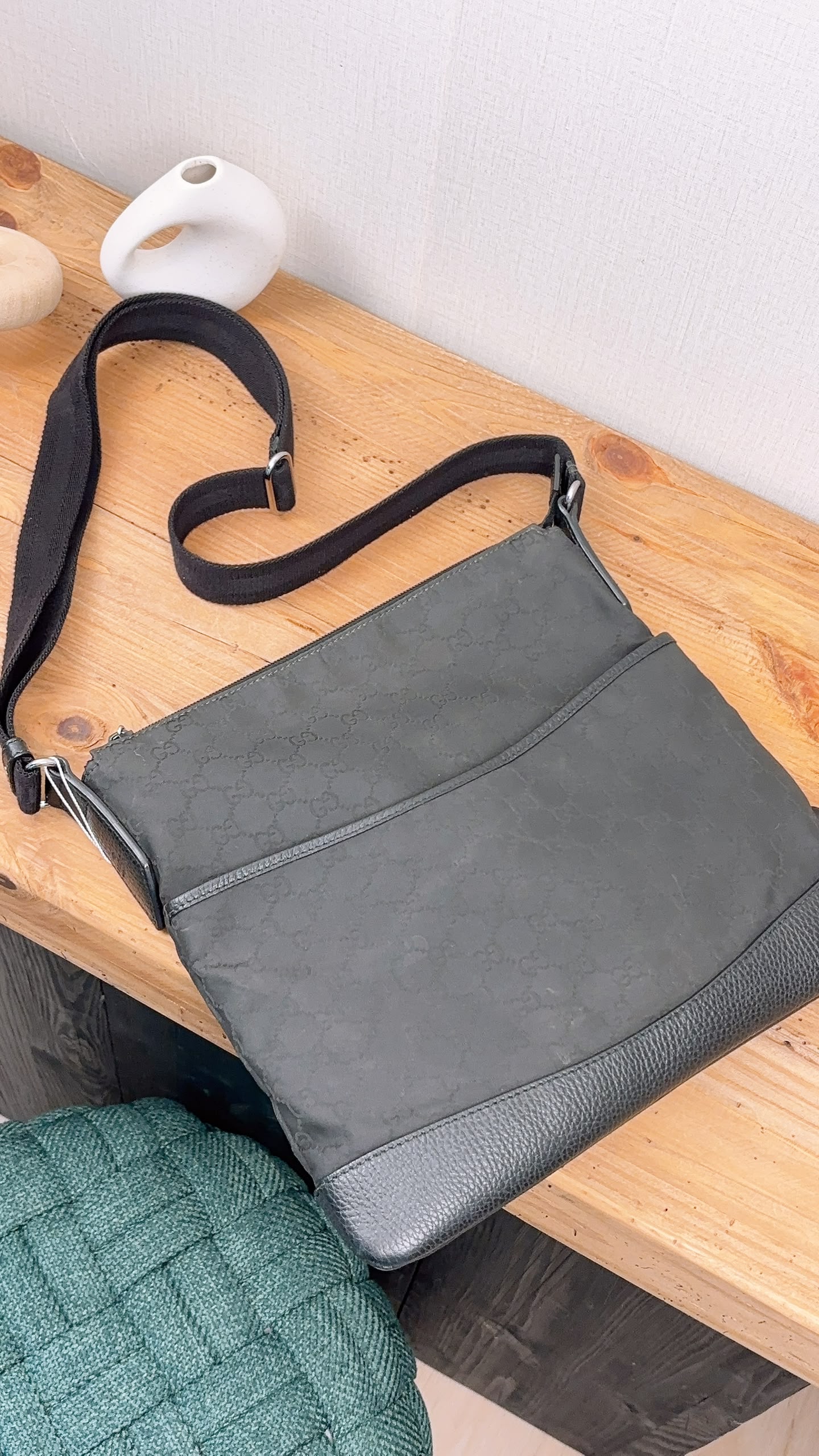 Gucci Black GG Monogram Nylon Flat Messenger Bag