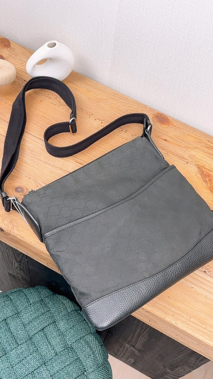 Gucci Black GG Monogram Nylon Flat Messenger Bag