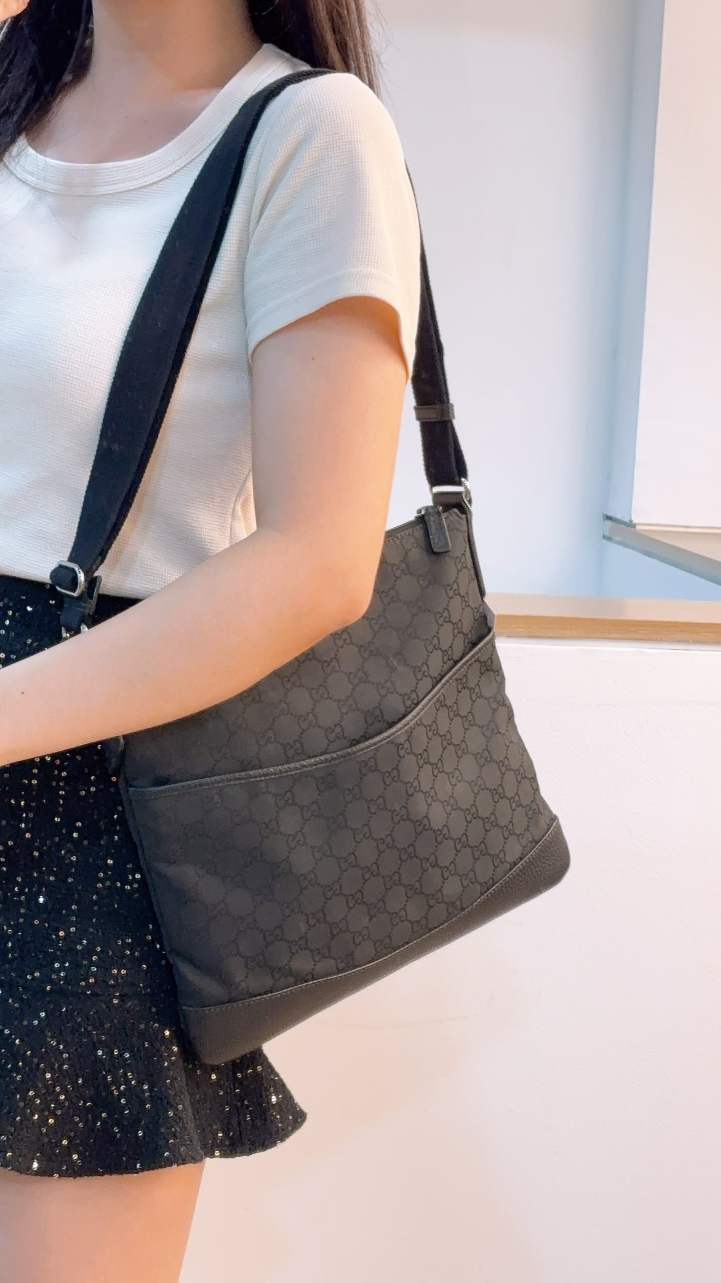 Gucci Black GG Monogram Nylon Flat Messenger Bag