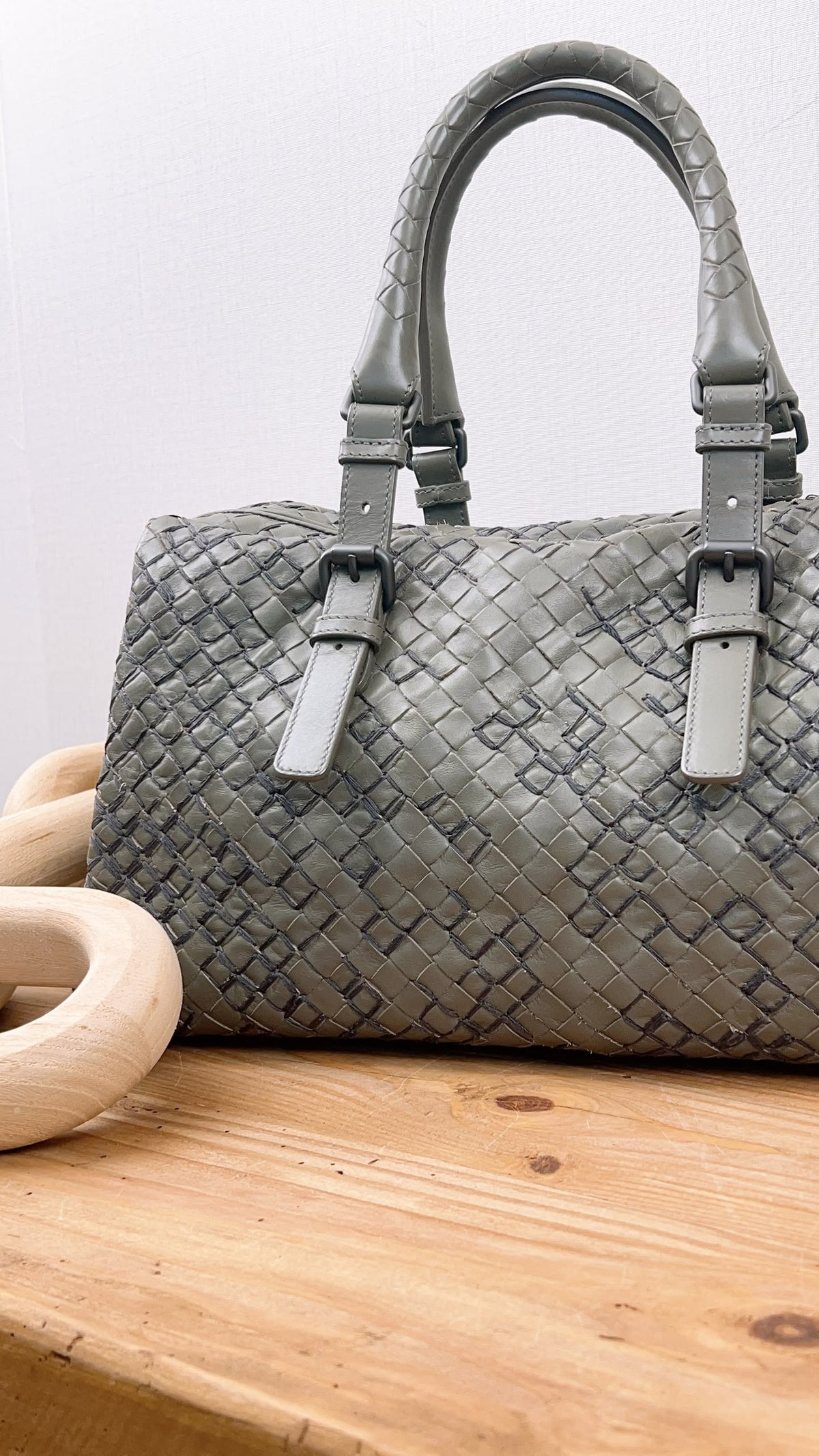 BV Khaki Intrecciato Boston Bag