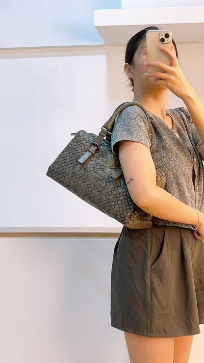BV Khaki Intrecciato Boston Bag