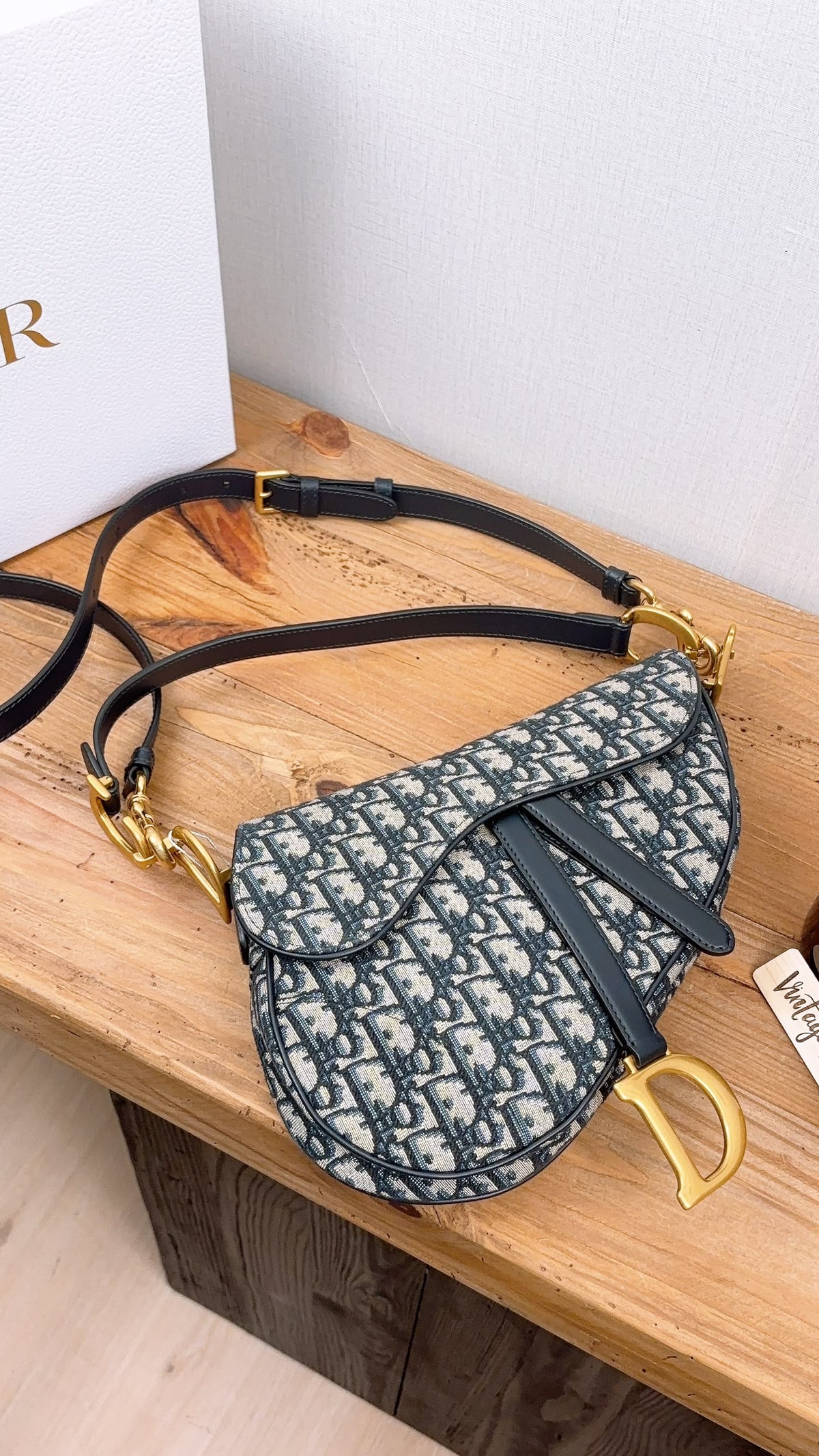 Dior Navy Oblique Medium Saddle w Strap
