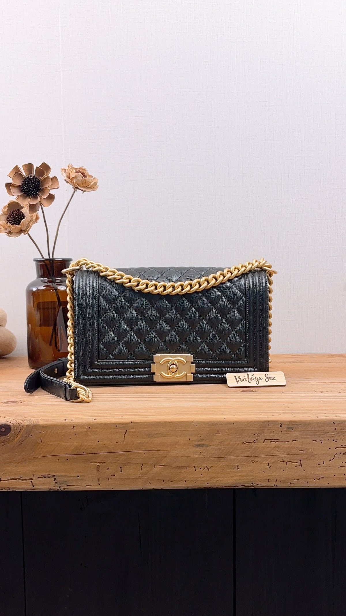 Chanel Black Caviar Old Medium Boy (GHW)