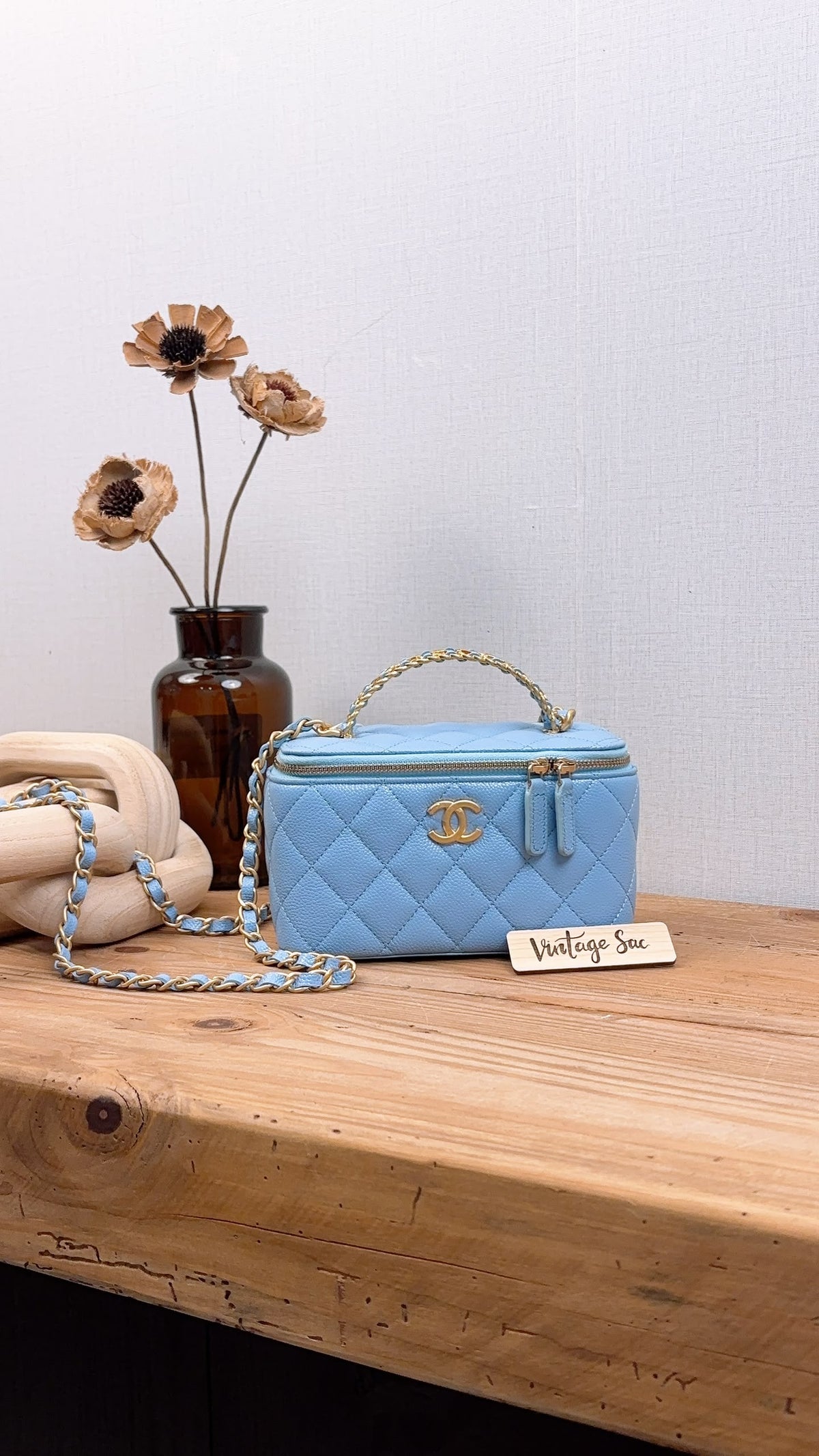 Chanel Light Blue Caviar 22S Vanity Case with Top Handle (GHW)