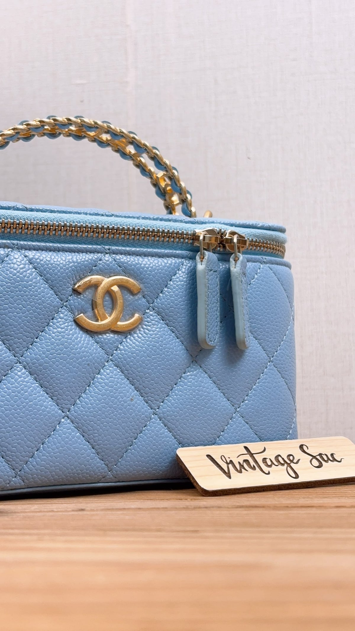 Chanel Light Blue Caviar 22S Vanity Case with Top Handle (GHW)