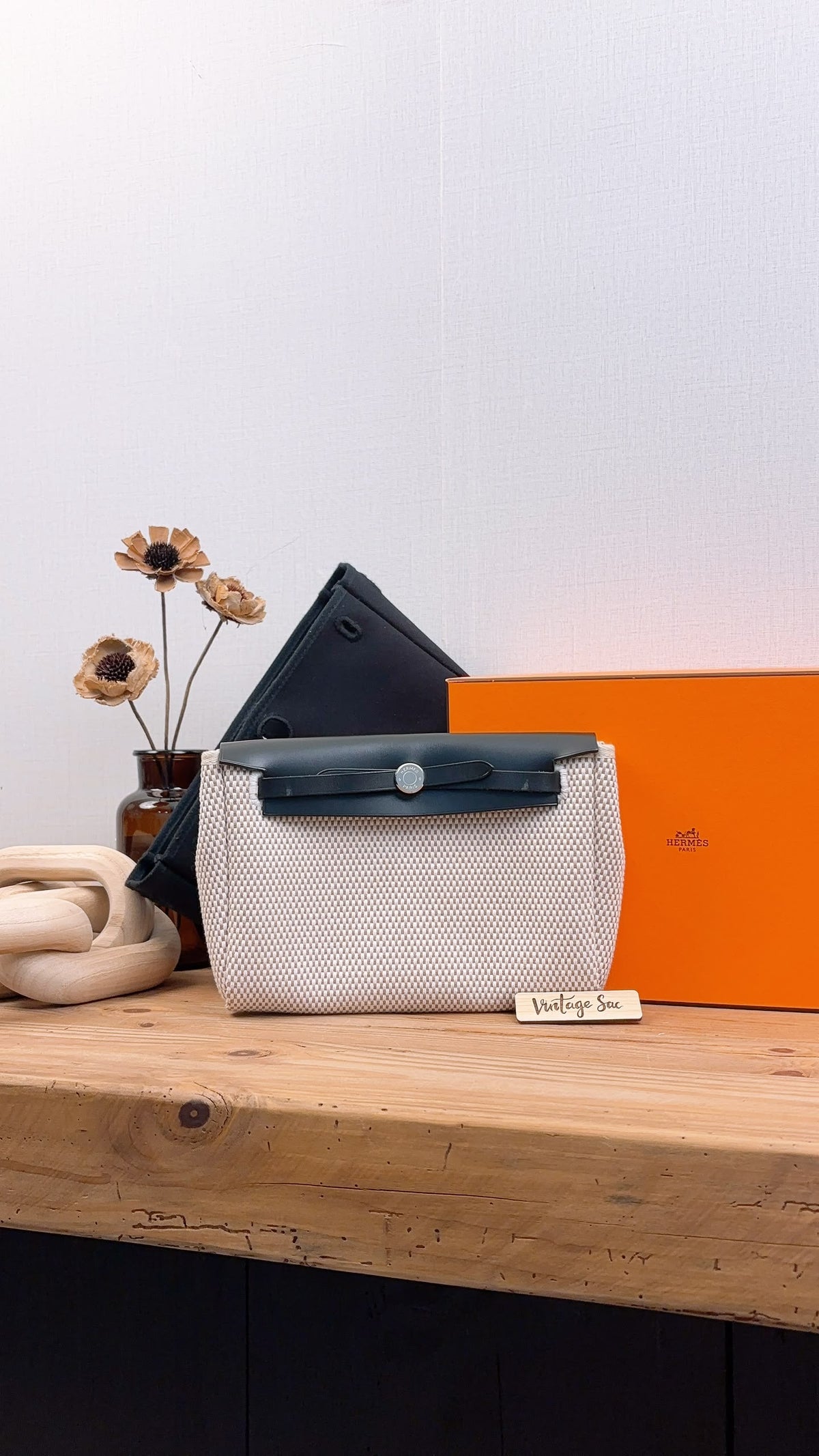 Hermes Black x Beige Canvas Herbag Clutch with Interchangeable Pouch (PHW)