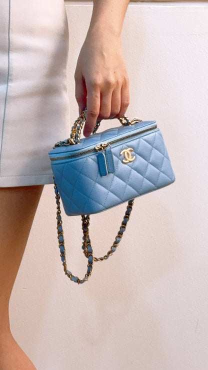 Chanel Light Blue Caviar 22S Vanity Case with Top Handle (GHW)