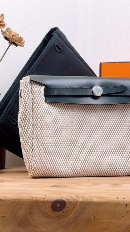 Hermes Black x Beige Canvas Herbag Clutch with Interchangeable Pouch (PHW)