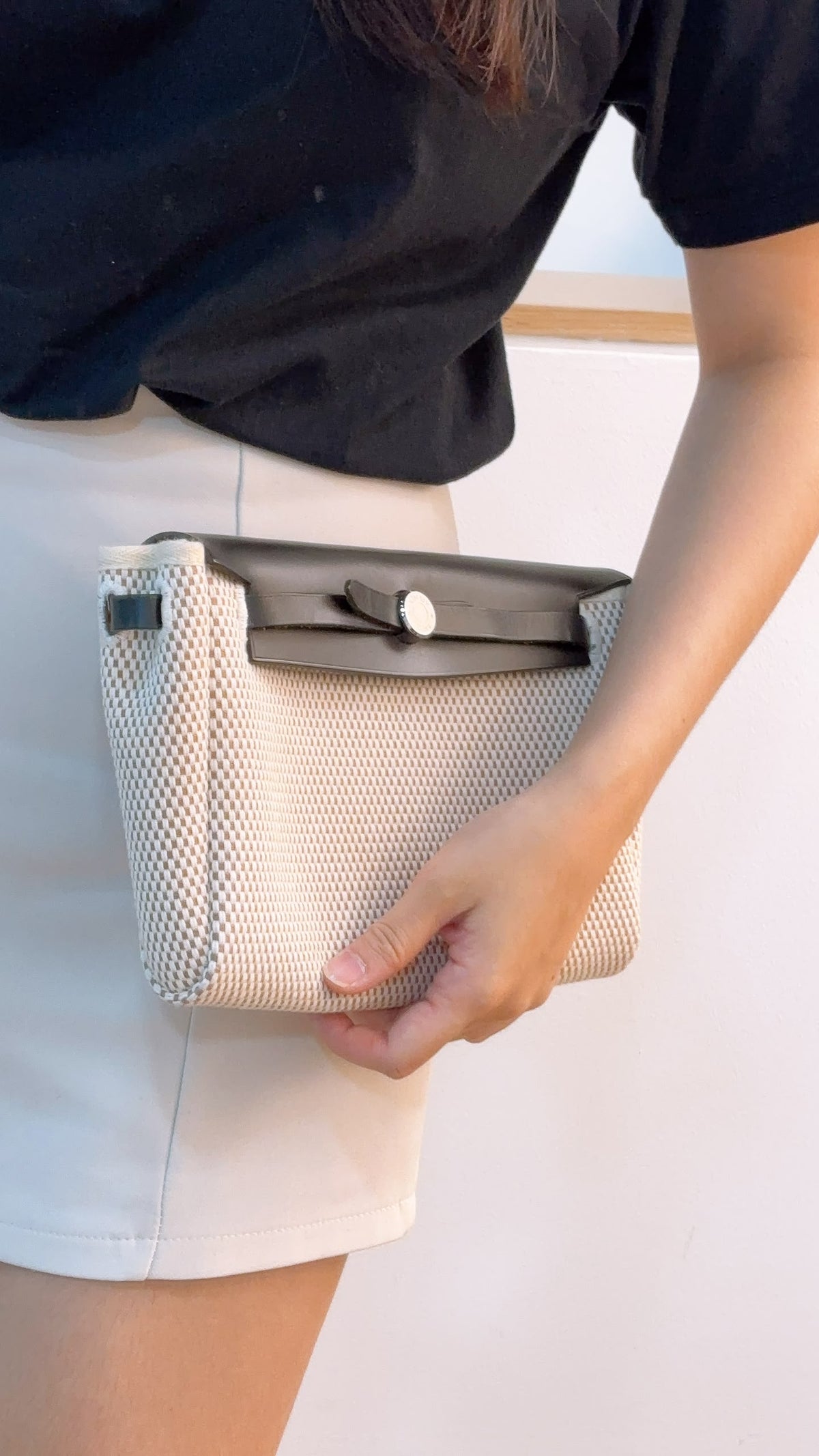 Hermes Black x Beige Canvas Herbag Clutch with Interchangeable Pouch (PHW)