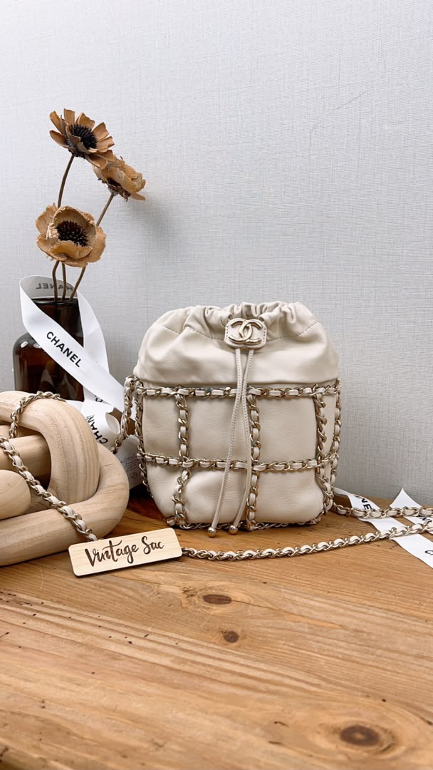 Chanel Ivory Mini Chain Frame Drawstring Bucket Bag