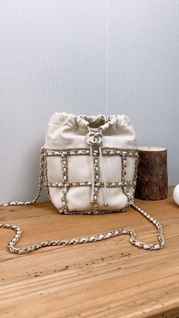 Chanel Ivory Mini Chain Frame Drawstring Bucket Bag
