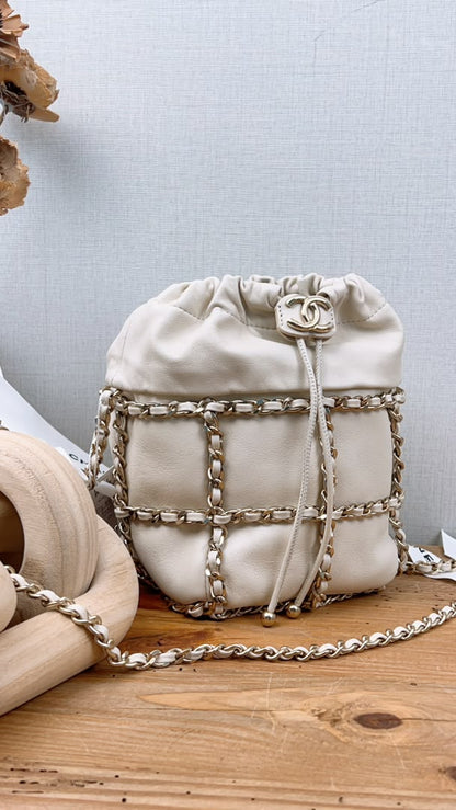 Chanel Ivory Mini Chain Frame Drawstring Bucket Bag