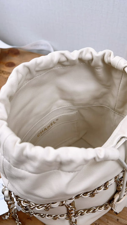 Chanel Ivory Mini Chain Frame Drawstring Bucket Bag