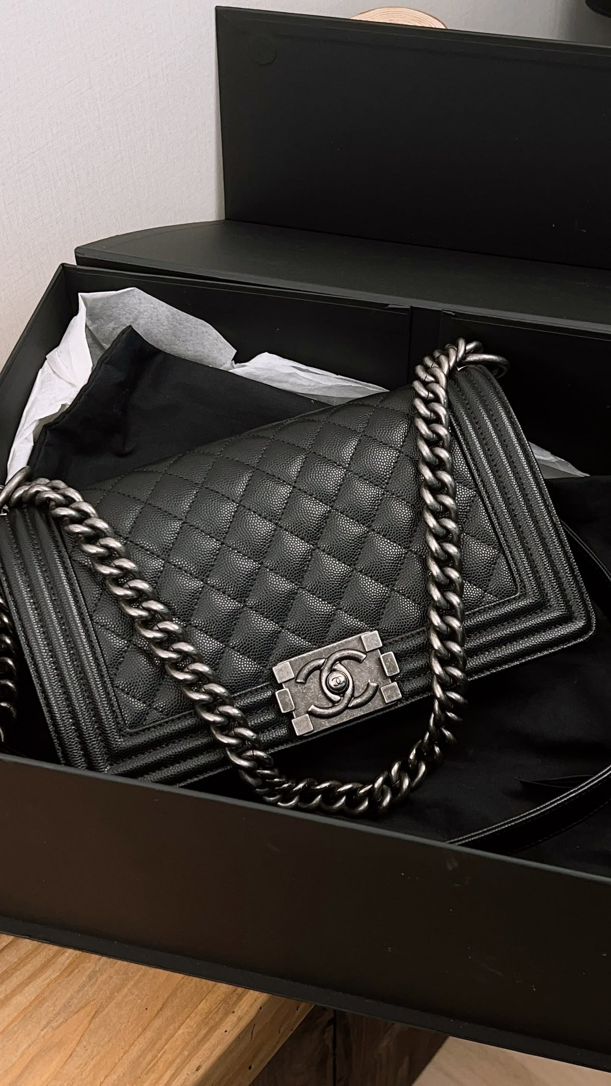 Chanel Black Caviar Old Medium Boy (RHW)