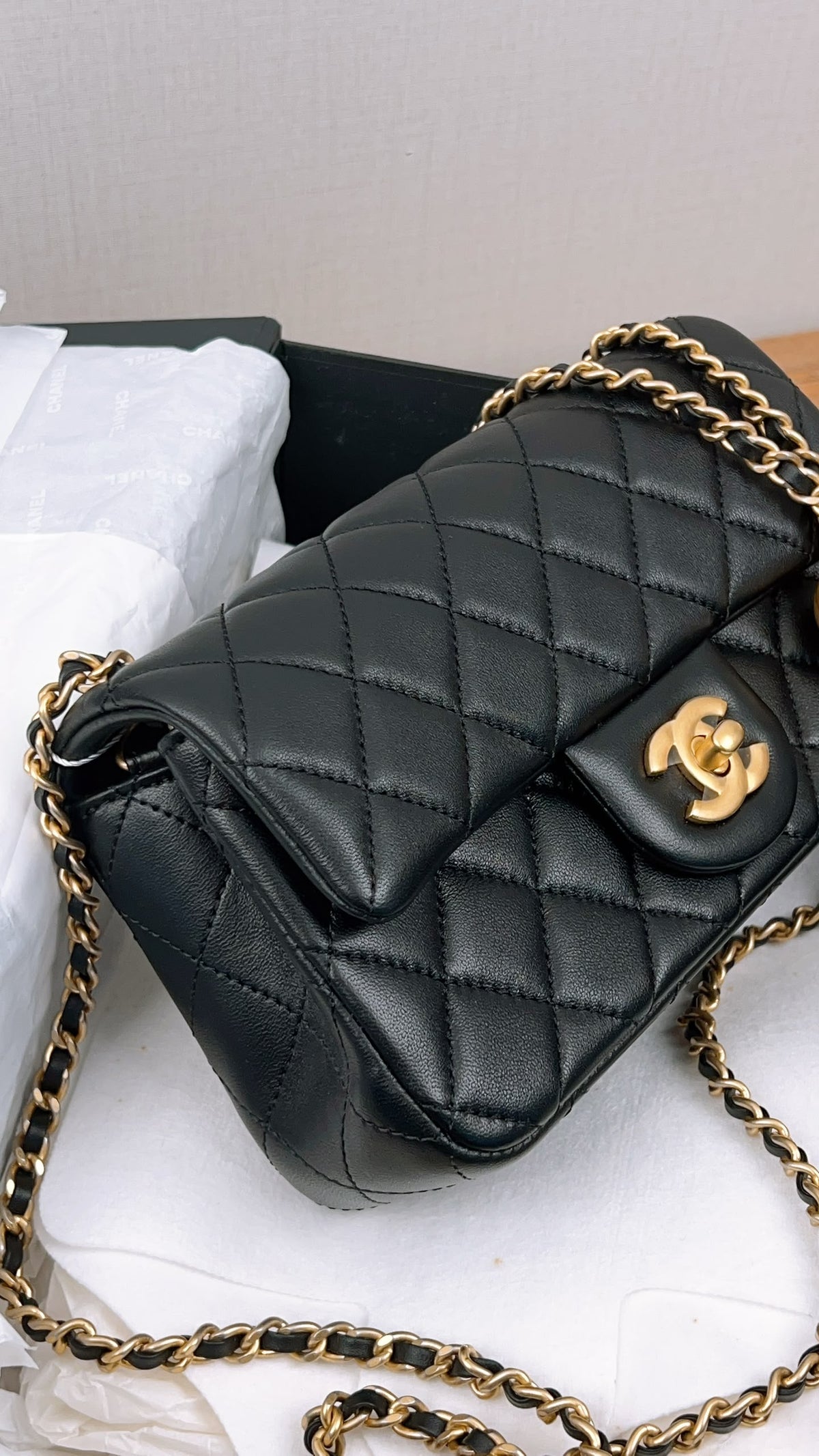 Chanel Black Lambskin Mini Rectangular w Pearl Crush (GHW)