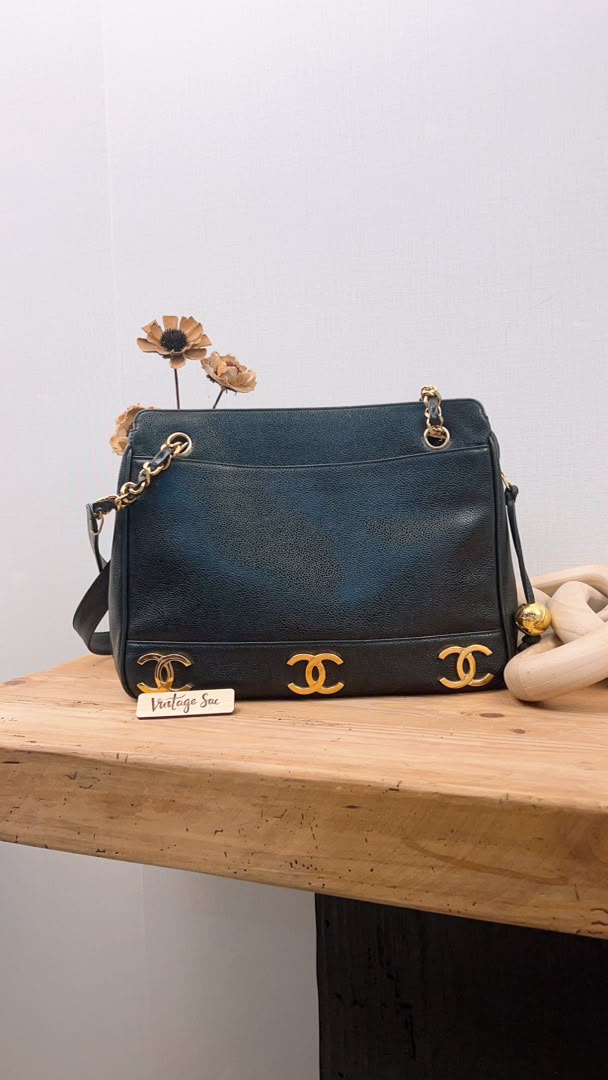 Chanel Black Caviar Vintage Triple CC Shoulder Bag