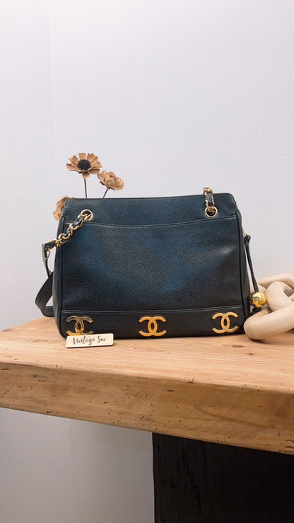 Chanel Black Caviar Vintage Triple CC Shoulder Bag