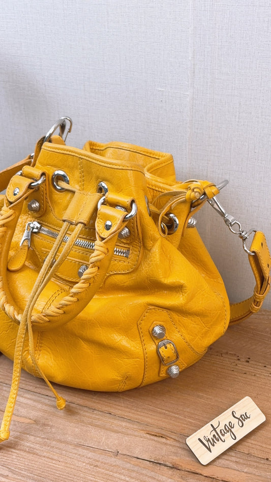 Balenciaga Yellow Lambskin Giant Pompon Bucket
