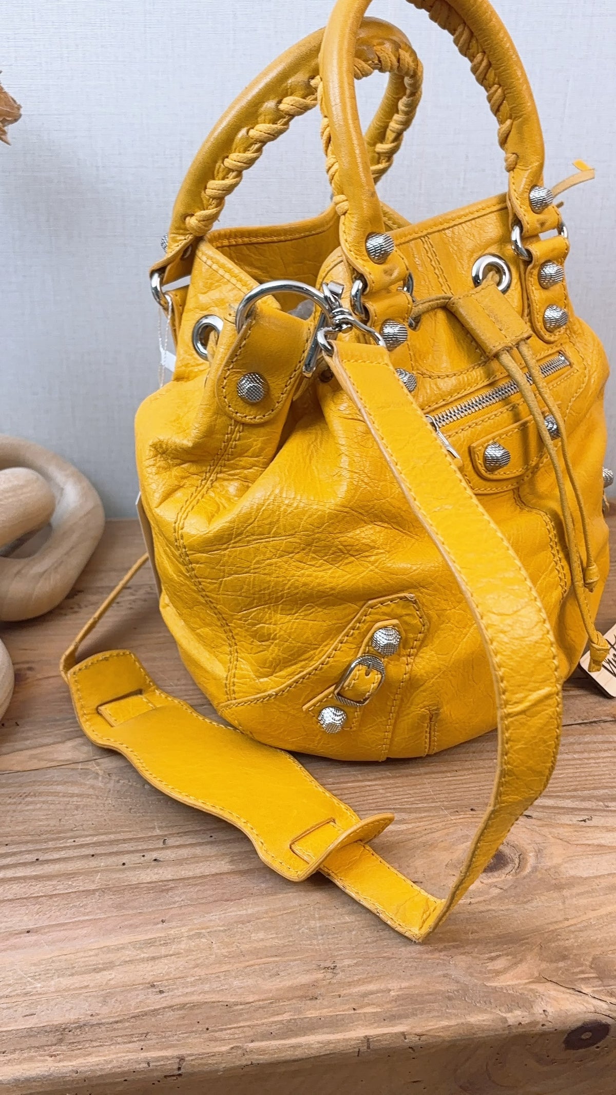 Balenciaga Yellow Lambskin Giant Pompon Bucket