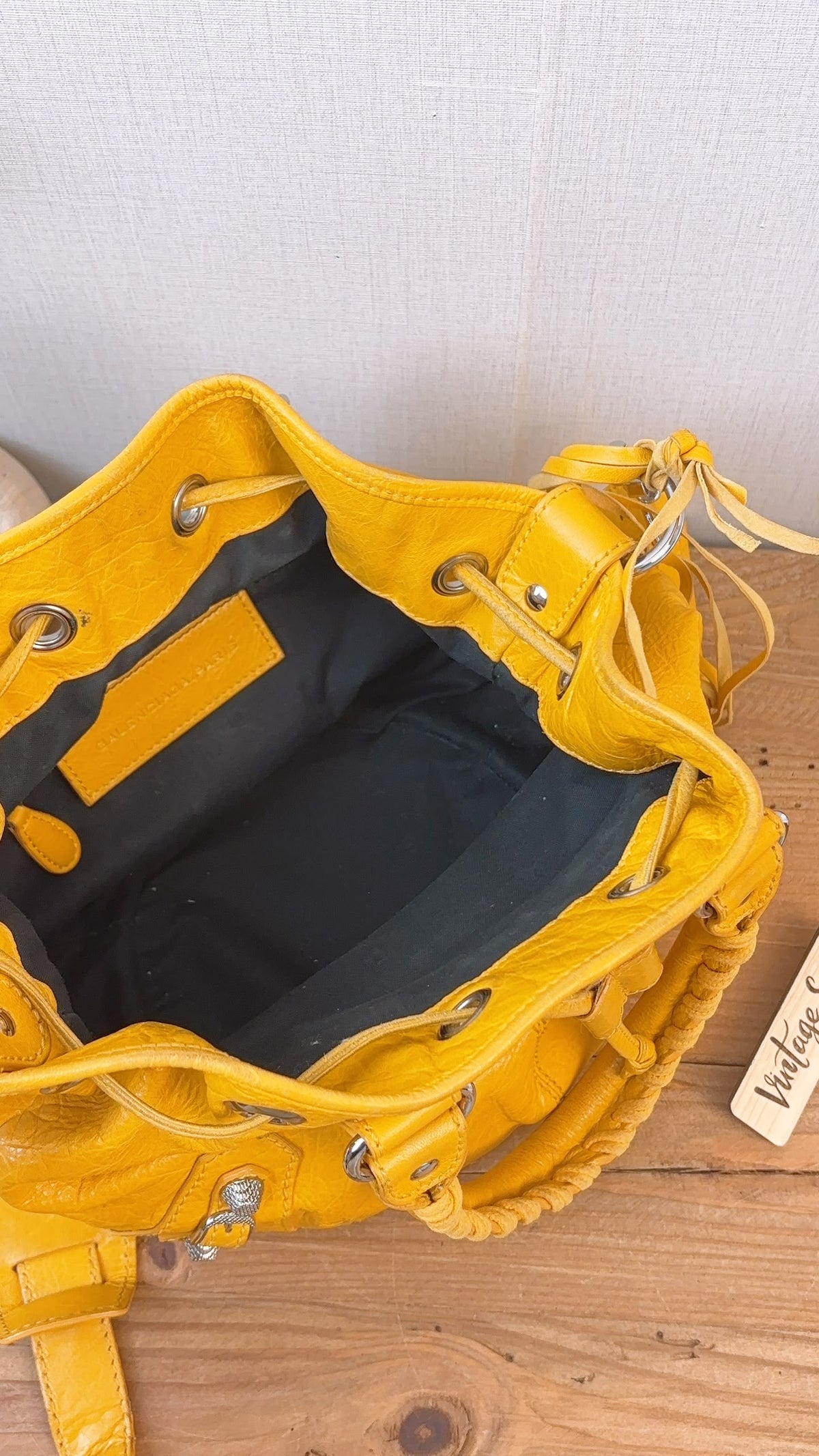Balenciaga Yellow Lambskin Giant Pompon Bucket