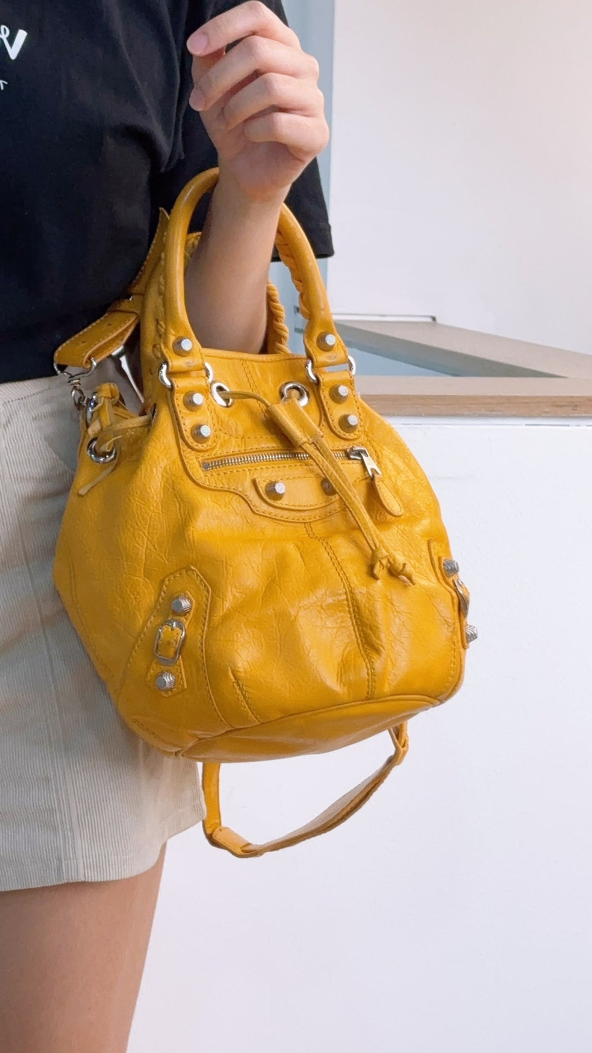 Balenciaga Yellow Lambskin Giant Pompon Bucket